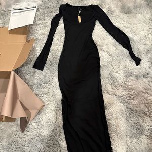Skims soft lounge rib long sleeve dress onyx XS